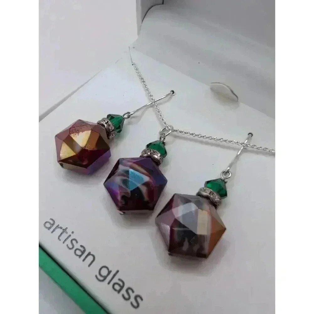 NEW Silver Plated Artisan Glass Earrings Necklace Jewelry Set
